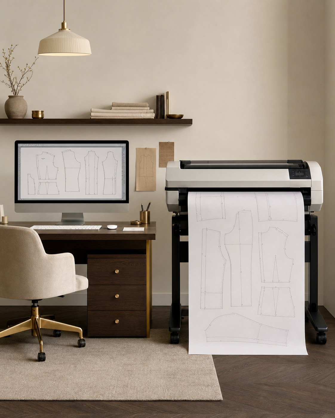 Computador com arquivo digital de modelagem e plotter imprimindo molde em tamanho real.